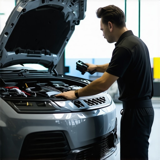 Certified mechanic performing diagnostic check on a vehicle in a well-equipped garage.