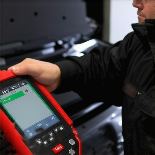 Advanced Automotive Diagnostics in Action Technician using a diagnostic scanner connected to a vehicle's OBD-II port to identify issues