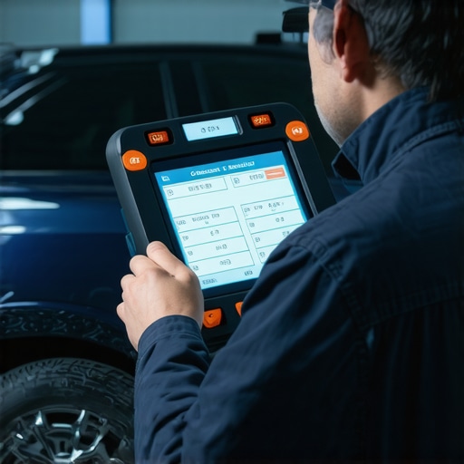 Technician using diagnostic tools on a car in a modern auto repair shop