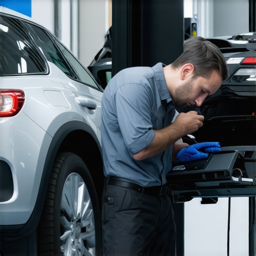 ASE certified technicians diagnosing a vehicle in a professional repair shop