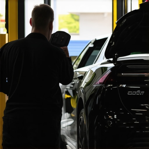 Technicians using diagnostic tools on hybrid car in modern auto shop