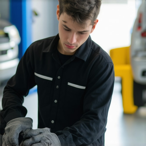 Certified auto mechanic repairing transmission in a professional workshop
