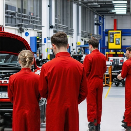 Technicians using advanced diagnostic tools in a modern car repair shop.