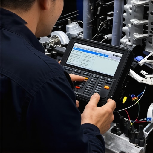 Technician performing transmission diagnostics with modern equipment