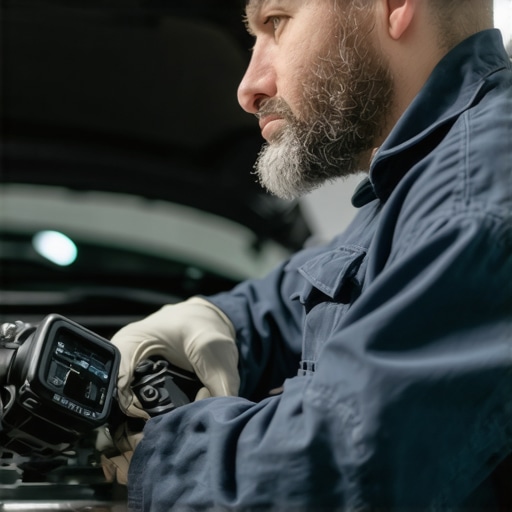 Technician using advanced diagnostic equipment on a vehicle's transmission