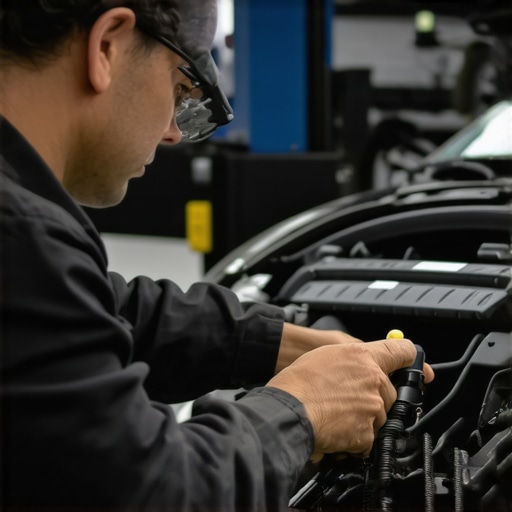 Mechanic checking transmission system with diagnostic tools