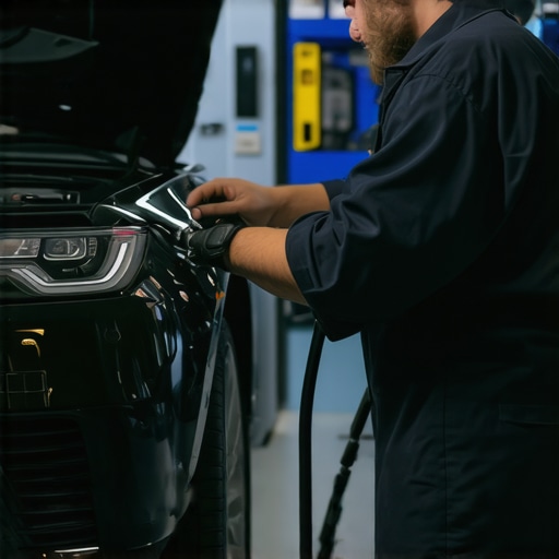 Technician working on transmission and oil change in a clean auto repair shop.