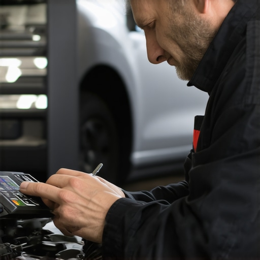 ASE-certified mechanic performing transmission inspection Mechanic checking transmission system with diagnostic equipment.