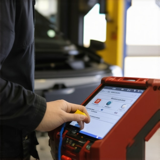Advanced Transmission Diagnostics in Action Technician using diagnostic scan tool on car transmission in a workshop