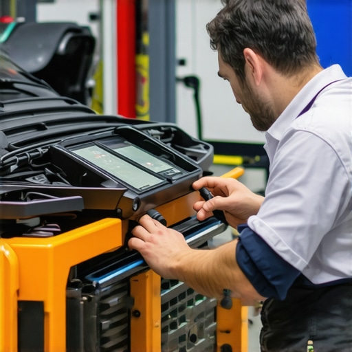Technician performing diagnostics with modern tools in auto repair shop