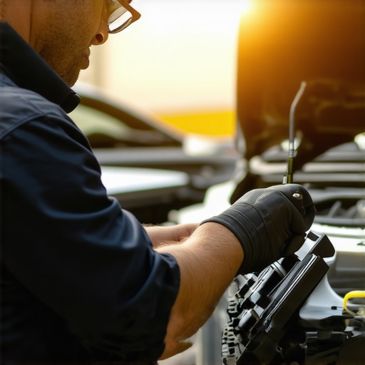 Technician using diagnostic scanner on vehicle's transmission system