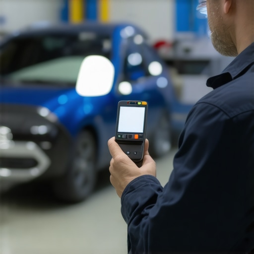 Technician using advanced diagnostic equipment on vehicle transmission