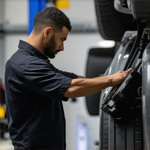 Technician using diagnostic tools on a car transmission in a workshop.