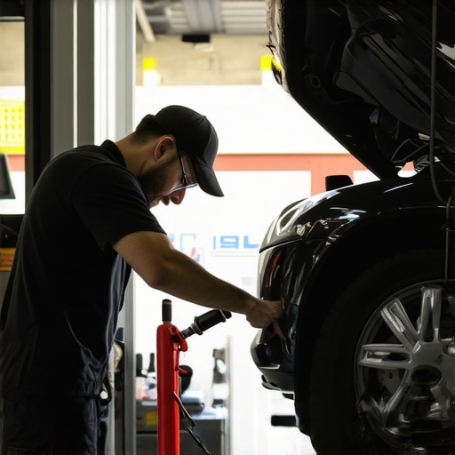 Mechanic changing engine oil in a professional garage setting.