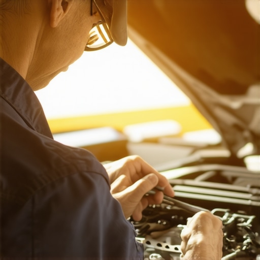 Certified ASE mechanic inspecting a car engine in a workshop