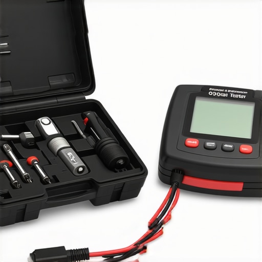 A mechanic's toolkit with a digital oil tester and diagnostic scanner for vehicle maintenance.