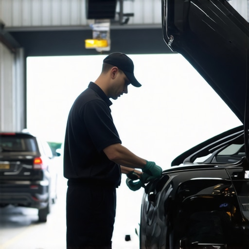 Mechanic changing oil in a car at a certified auto service shop