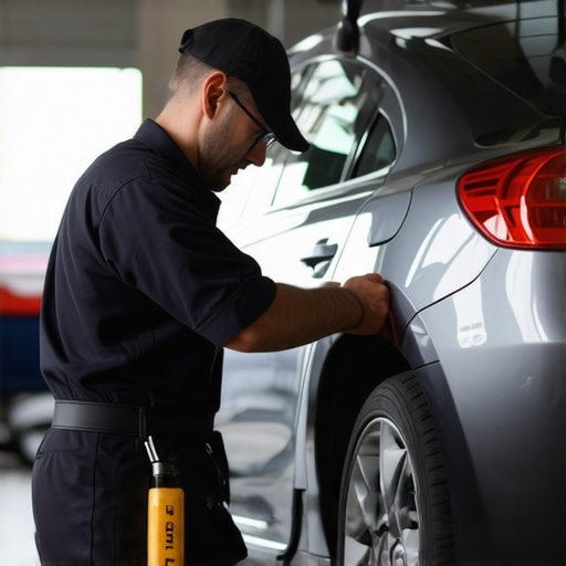 Mechanic changing oil filter during vehicle maintenance in garage.