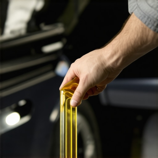 Mechanic inspecting transmission fluid level in a car engine compartment