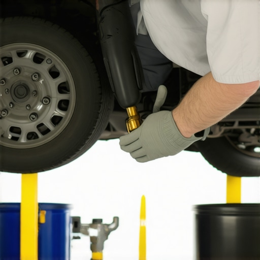 Mechanic replacing transmission fluid under a vehicle