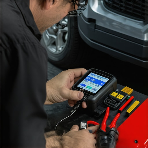 Technician analyzing vehicle transmission data with an OBD-II scanner