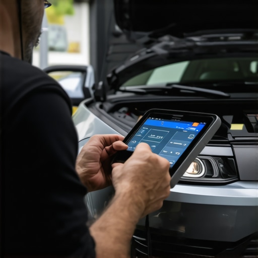 Mechanic inspecting vehicle diagnostics with a handheld scanner.