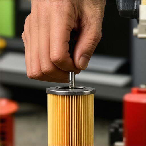 Mechanic tightening an oil filter with a torque wrench in a well-lit garage