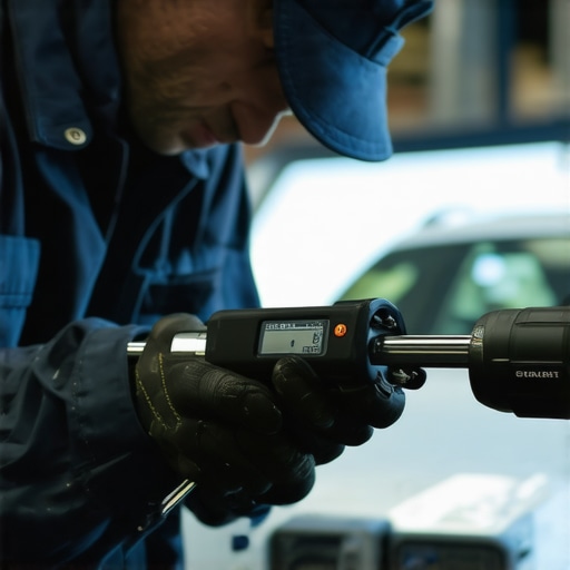 Mechanic inspecting car components with digital tools and camera.
