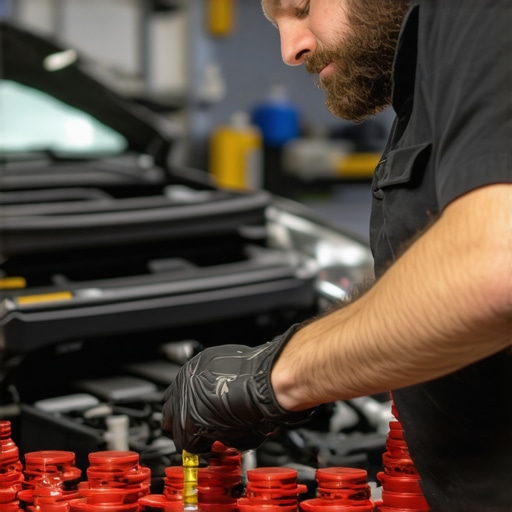 ASE-certified mechanic checking transmission fluid during vehicle maintenance.