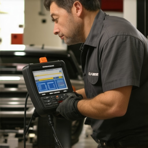 Mechanic performing vehicle diagnostics with digital tools in repair shop.