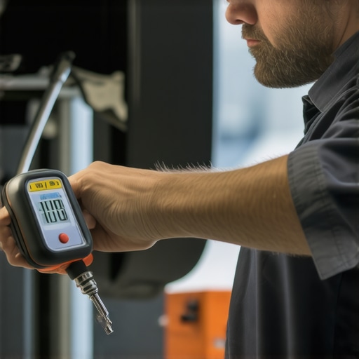 Mechanic checking transmission fluid temperature with a digital tool and tightening bolts with a torque wrench.