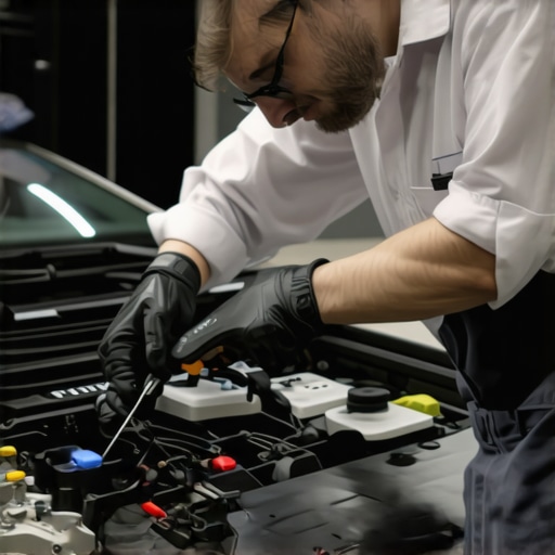 Technician using diagnostic tool to check vehicle's engine for issues