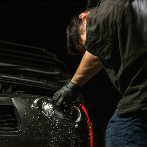 A mechanic inspecting transmission fluid and changing engine oil in a service bay