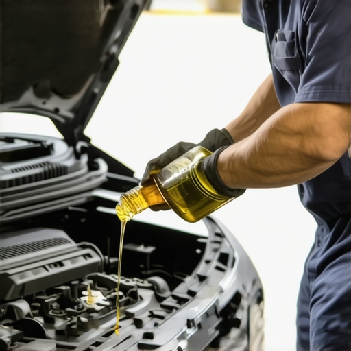 Mechanic pouring synthetic engine oil during a car service appointment