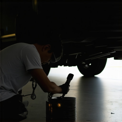 Mechanic draining engine oil from a car using a wrench and oil pan.