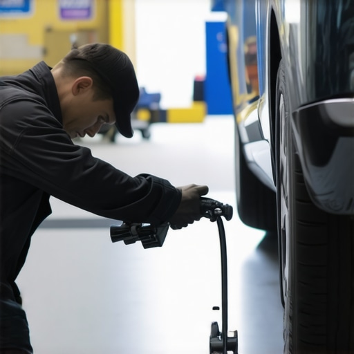 Mechanic in uniform changing oil on a luxury vehicle in a workshop