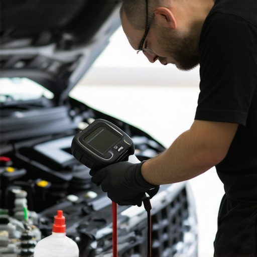 Mechanic scanning a car's transmission system with diagnostic equipment.