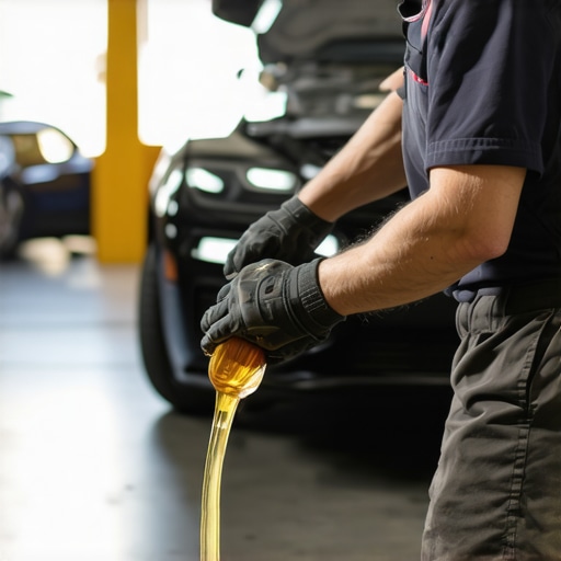 Mechanic performing oil change on a car in a garage