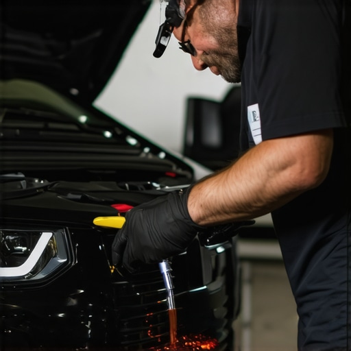 Professional Transmission Maintenance A mechanic in a garage performing transmission service with specialized tools.