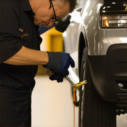 Mechanic draining transmission fluid from a car's transmission pan in a professional garage.