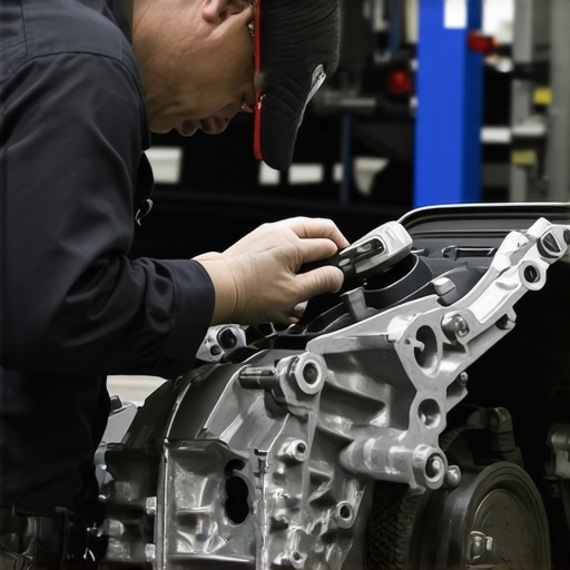 Auto mechanic checking transmission components under the hood.