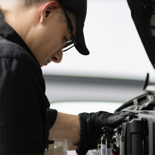 Professional technician checking transmission fluid for vehicle maintenance