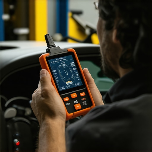 Person connecting a Bluetooth-enabled OBD-II scanner to a car's dashboard to monitor transmission and engine health.