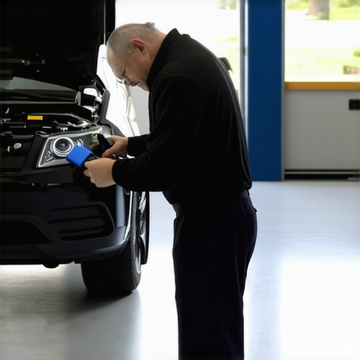 Mechanic using diagnostic tools on transmission components in a garage.