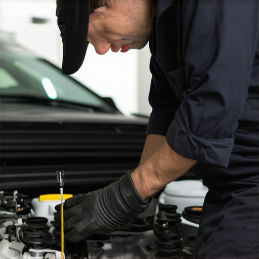 Engine Oil Inspection in Progress Mechanic checking engine oil levels during vehicle maintenance