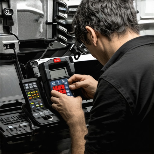 Mechanic using diagnostic tools on a vehicle transmission during maintenance