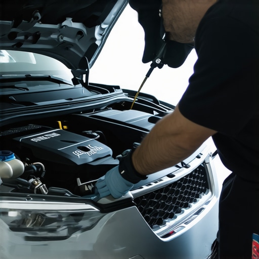 Expert oil and transmission fluid change in progress Mechanic performing oil and transmission change in a high-tech garage environment