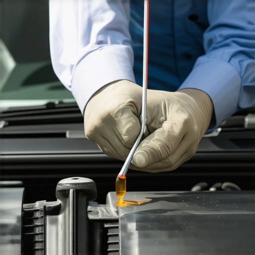 Mechanic checking engine oil level Mechanic inspecting engine oil with dipstick in car engine bay