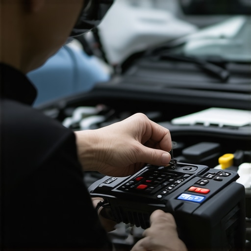 Technician inspecting transmission with diagnostic scanner and calibration device