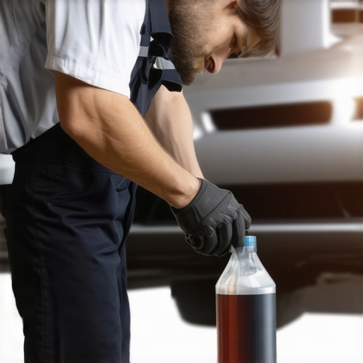 ASE-certified mechanic checking transmission fluid levels in a modern automotive workshop.